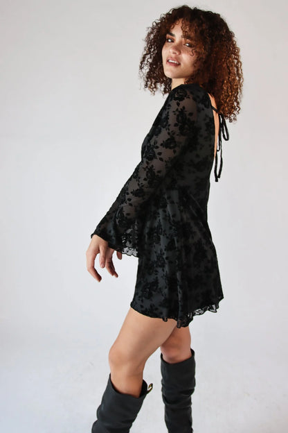 Floral Flocked Mesh Long Sleeve Mini Dress