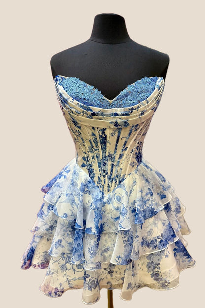 Strapless Pink Floral Corset A-line Short Ruffle Dress