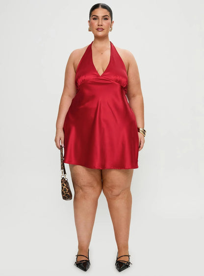 Pelagia Halter Scarf Tie Mini Dress Red Curve