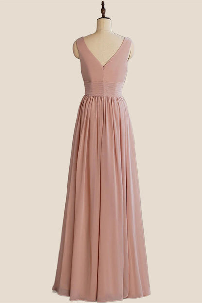 V Neck Blush Pleated A-line Long Dress