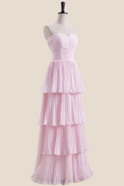 Strapless Lavender Pleated Tiered Long Party Dress