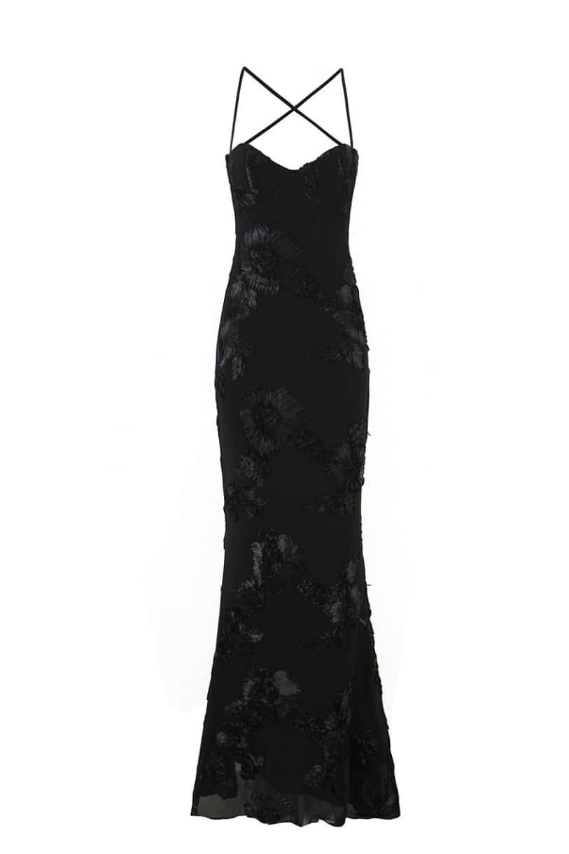 Yellow Embroidered Fitted Straps Dress