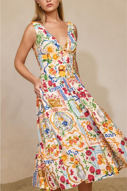 Santorini Plunging Corset Bodice Midi Dress