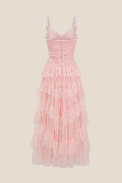 V-neck Blue Ruffle Tiered A-line Long Dress