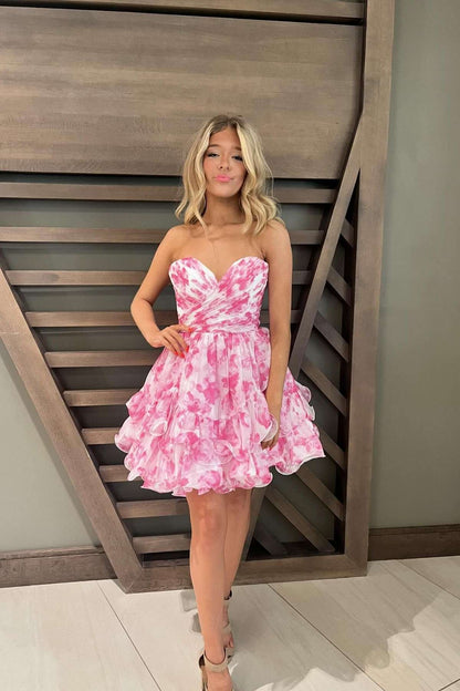 Strapless Pink Print Ruched Short Princess Dress