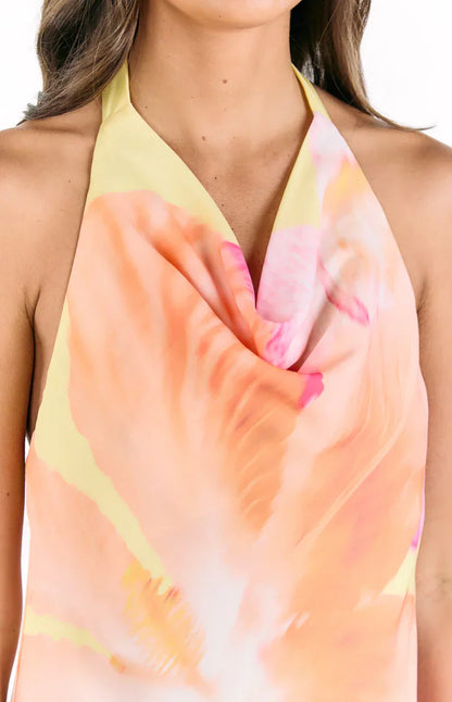 Zyla Yellow Hibiscus Floral Print Cowl Mini Dress