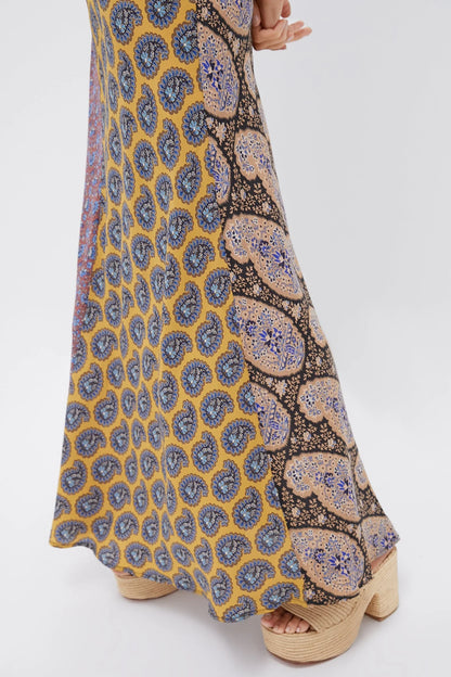 Earthy Patchwork Pietro Silk Maxi Dress