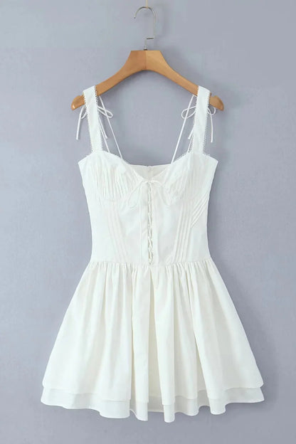 Yellow V-neck Lase-up Ruffle Party Dress