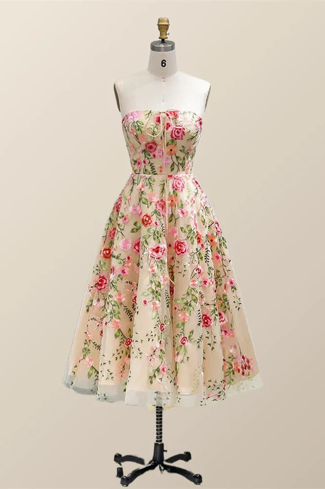 Strapless Floral Tea Length Dress with Jacket