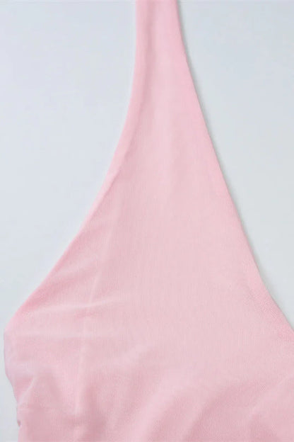 Halter Pink Ruched Tiered Long Dress