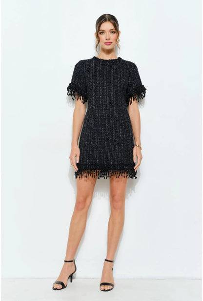 Iris Beaded Fringe Tweed Mini Dress - Black