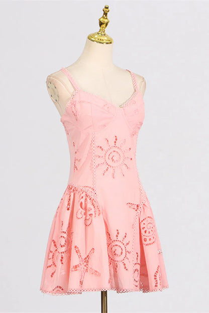 V-neck Pink Hollow A-line Short Dress