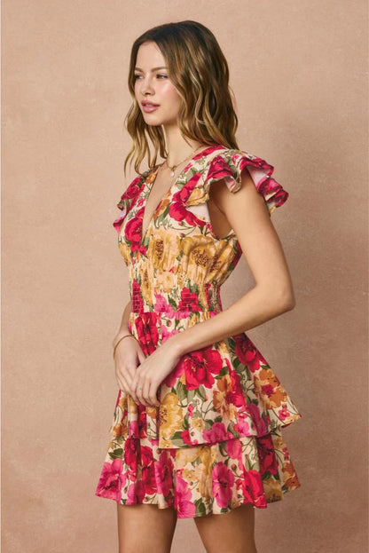 Lolita Ruffled Floral Mini Dress - Fuchsia