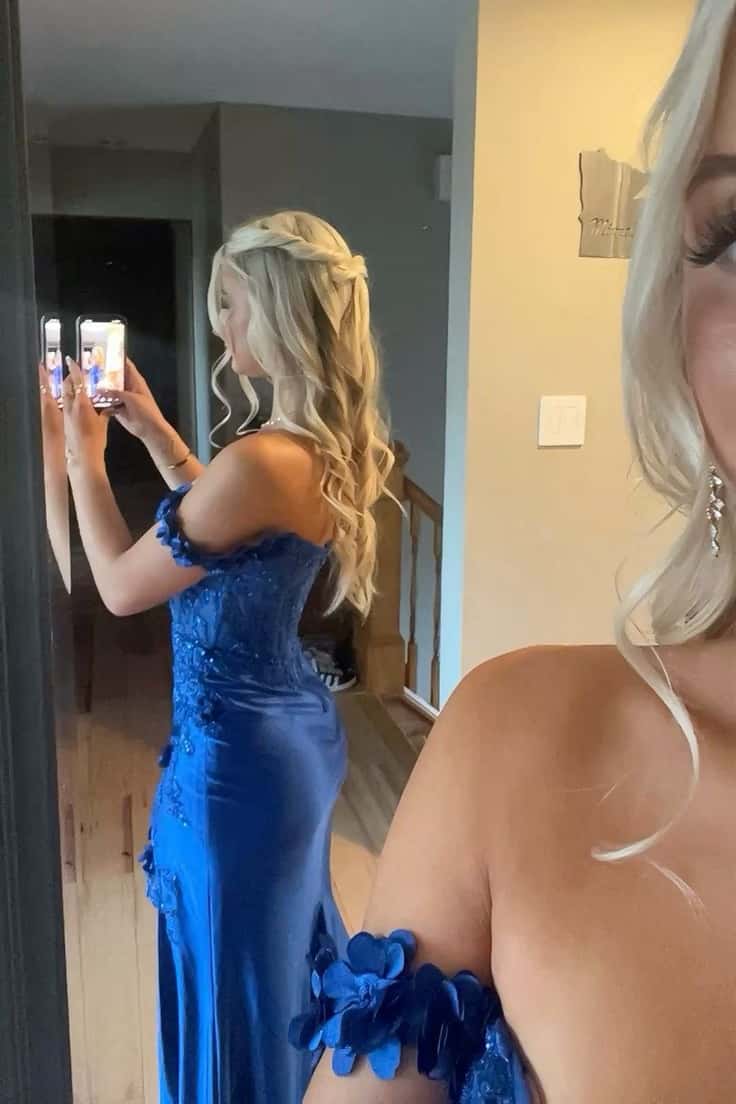 Lace Off the Shoulder Green Satin Mermaid Dress