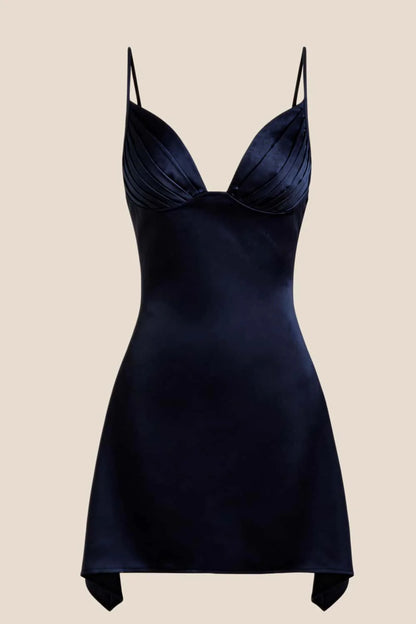 V Neck Blue Satin Short Homecoming Dress
