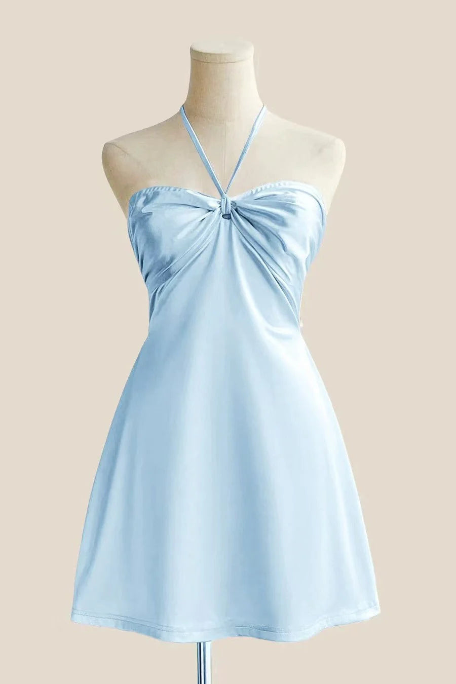 Halter Yellow Back Tie A-line Short Dress