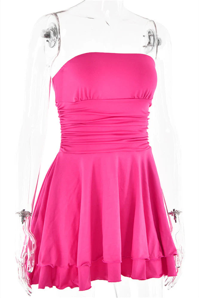 Strapless Orange Ruffle Ruched Short Dress