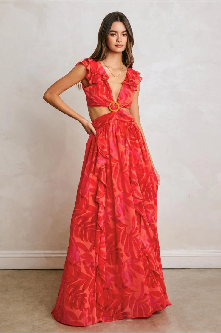 PRE-ORDER Only! (ETA May 30th) Francesca Frilly Ruffles Cut-Out Maxi Dress - Red