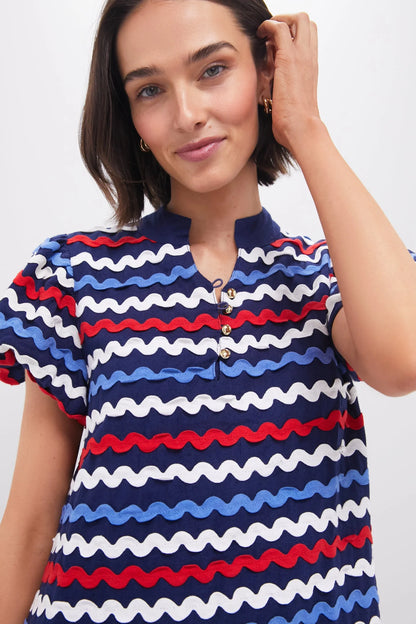 Navy Multi Ric-Rac Button Front Mini Dress