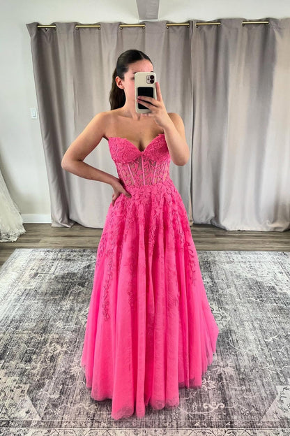 Strapless Light Blue Lace Appliques Long Dress
