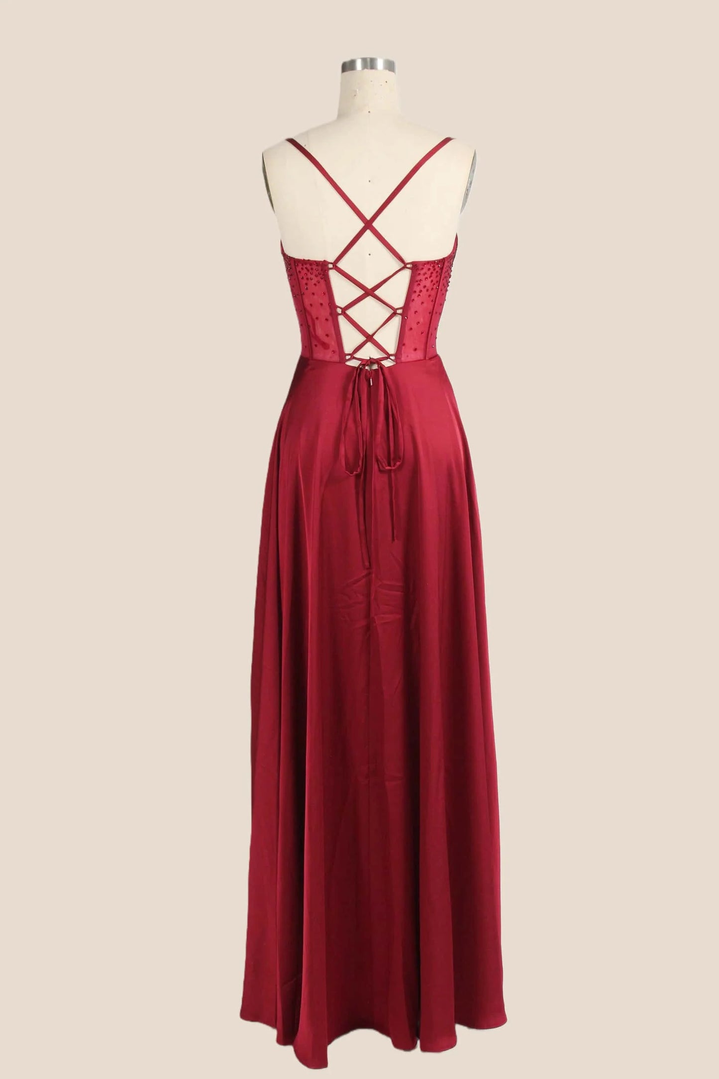 Wine Red Beaded Corset A-line Prom Dress