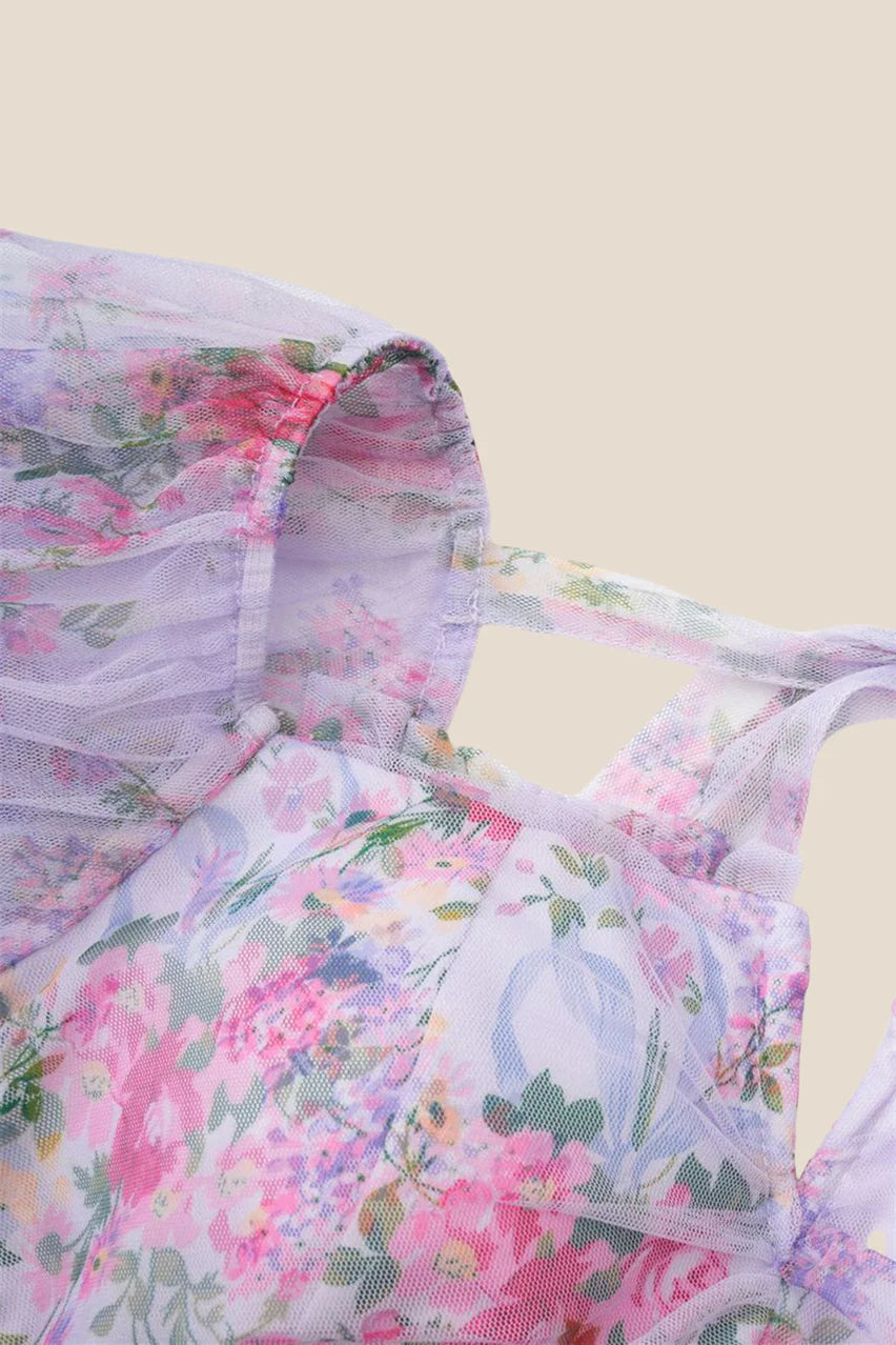 Two Pieces Lavender Floral Print Tiered Long Dress