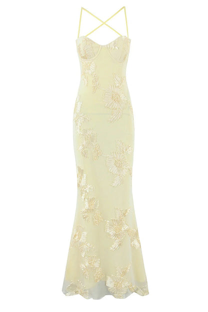 Yellow Embroidered Fitted Straps Dress