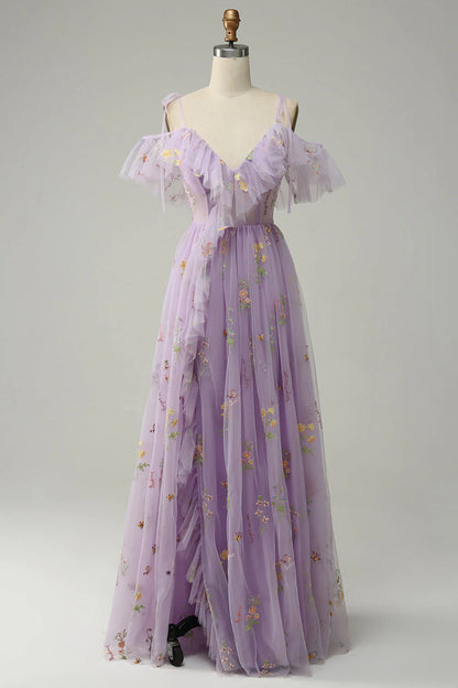 Lavender Floral Ruffles Tulle A-line Long Prom Dress