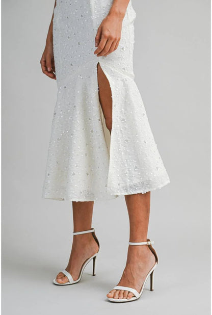 Whitney Beaded Sequin Mermaid Hem Midi Dress - White