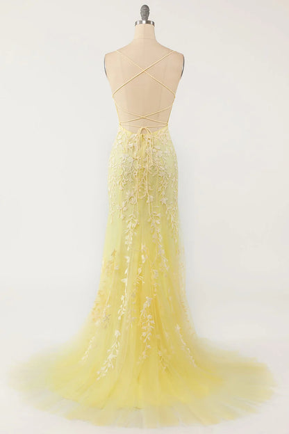 Yellow Mermaid Lace Appliques Long Formal Dress