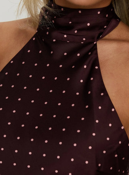 Primevere Halter Mini Dress Burgundy Polka Dot
