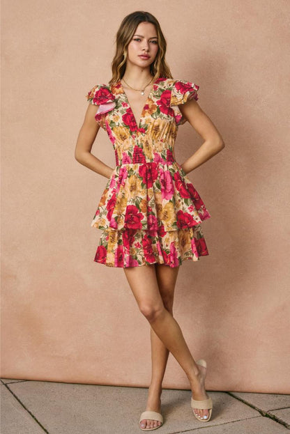 Lolita Ruffled Floral Mini Dress - Fuchsia