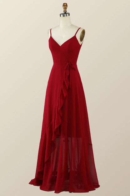 Wine Red Chiffon Wrap Ruffle Long Bridesmaid Dress