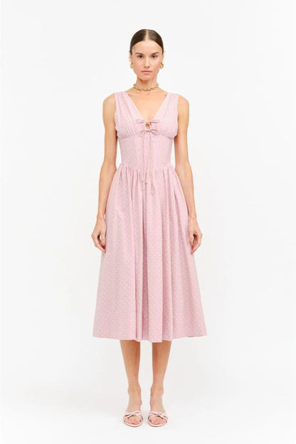 Darlene Polka Dot Linen Midi Dress - Pink