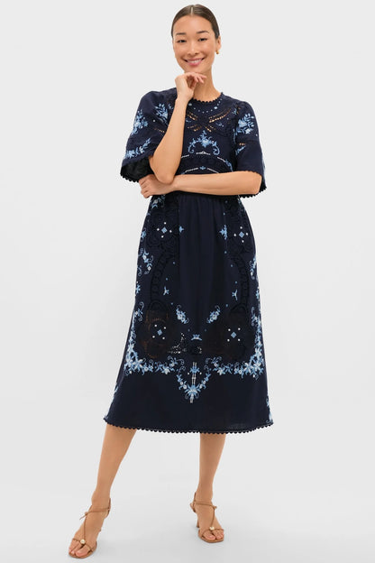 Exclusive Navy Edwina Embroidery Midi Dress