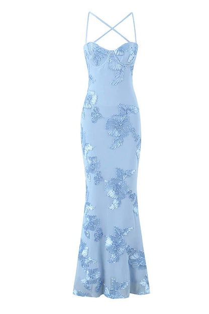 Yellow 3D Flower Fitted Long Dress