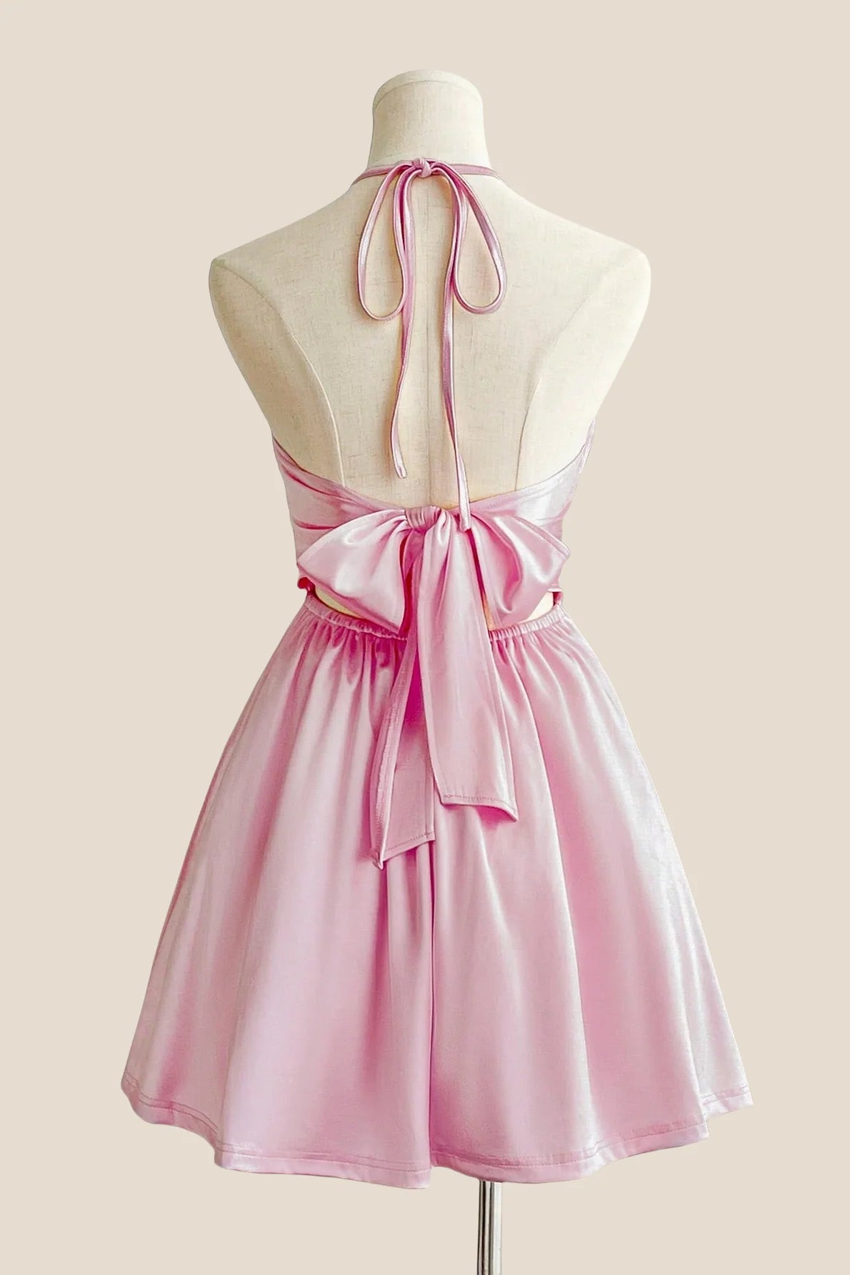Halter Yellow Back Tie A-line Short Dress