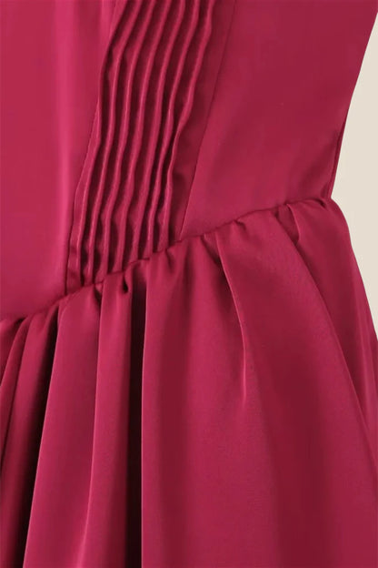 Strapless Burgundy Pleated A-line Midi Dress