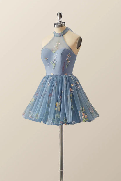 High Neck Blue Floral A-line Short Dress
