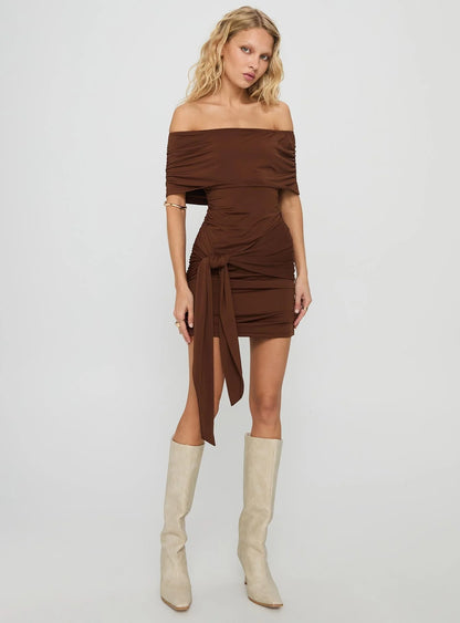 Island Girl Tie Skirt Mini Dress Brown