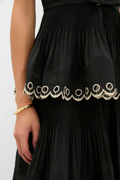 Black Embroidered Tiered Midi Dress
