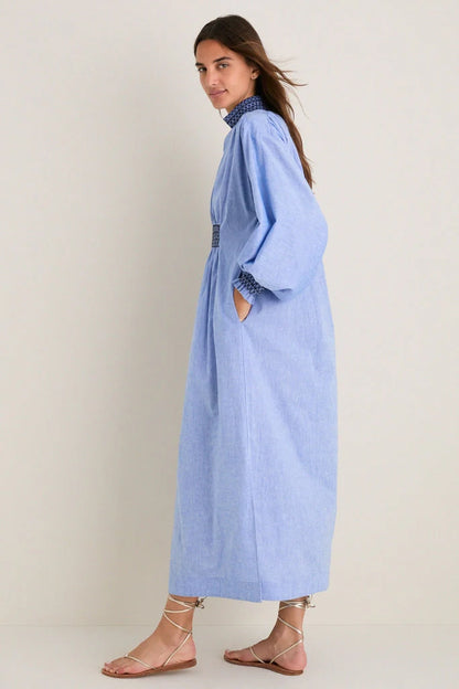 Chambray Embroidered Aubury Maxi Dress