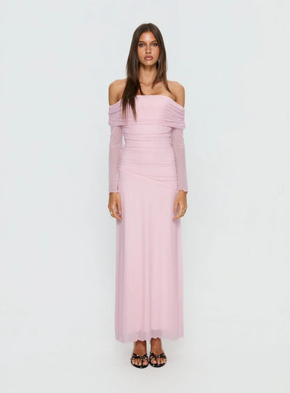 Emorissa Off Shoulder Long Sleeve Maxi Dress Soft Pink