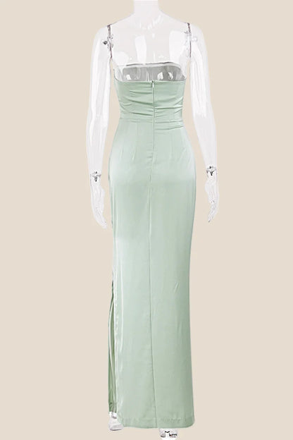 Strapless Sage Ruched Long Dress with Slit