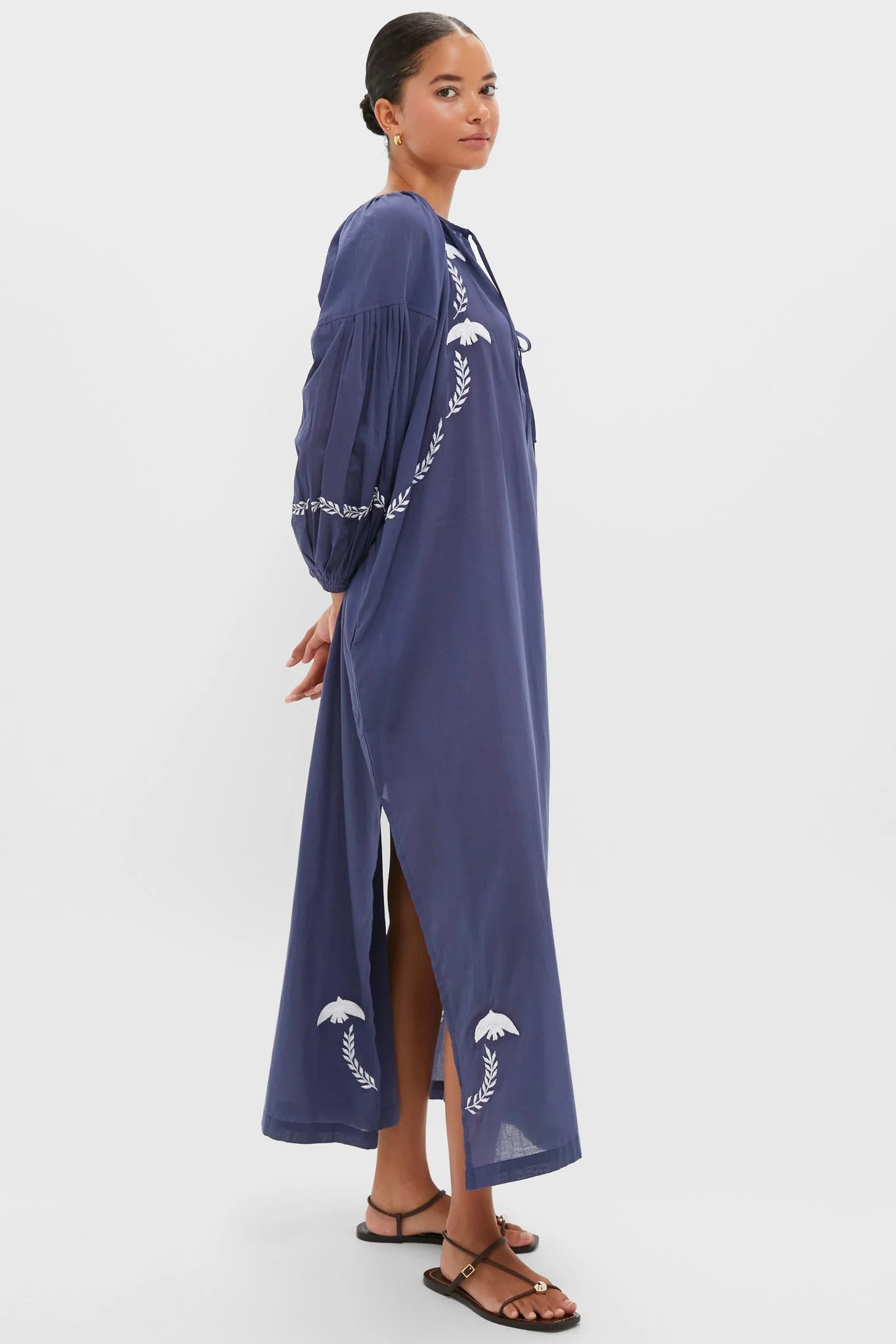 White Dove Embroidery Blue Indigo Organic Folk Maxi Dress