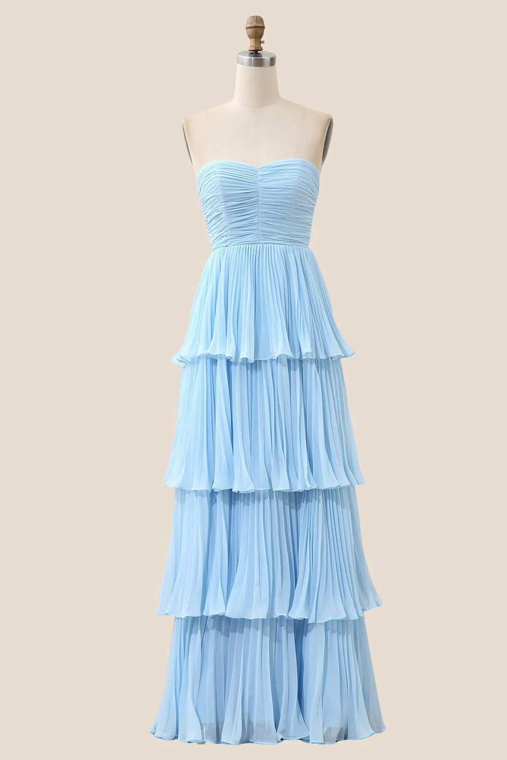 Strapless Sage Pleated Tiered Long Party Dress