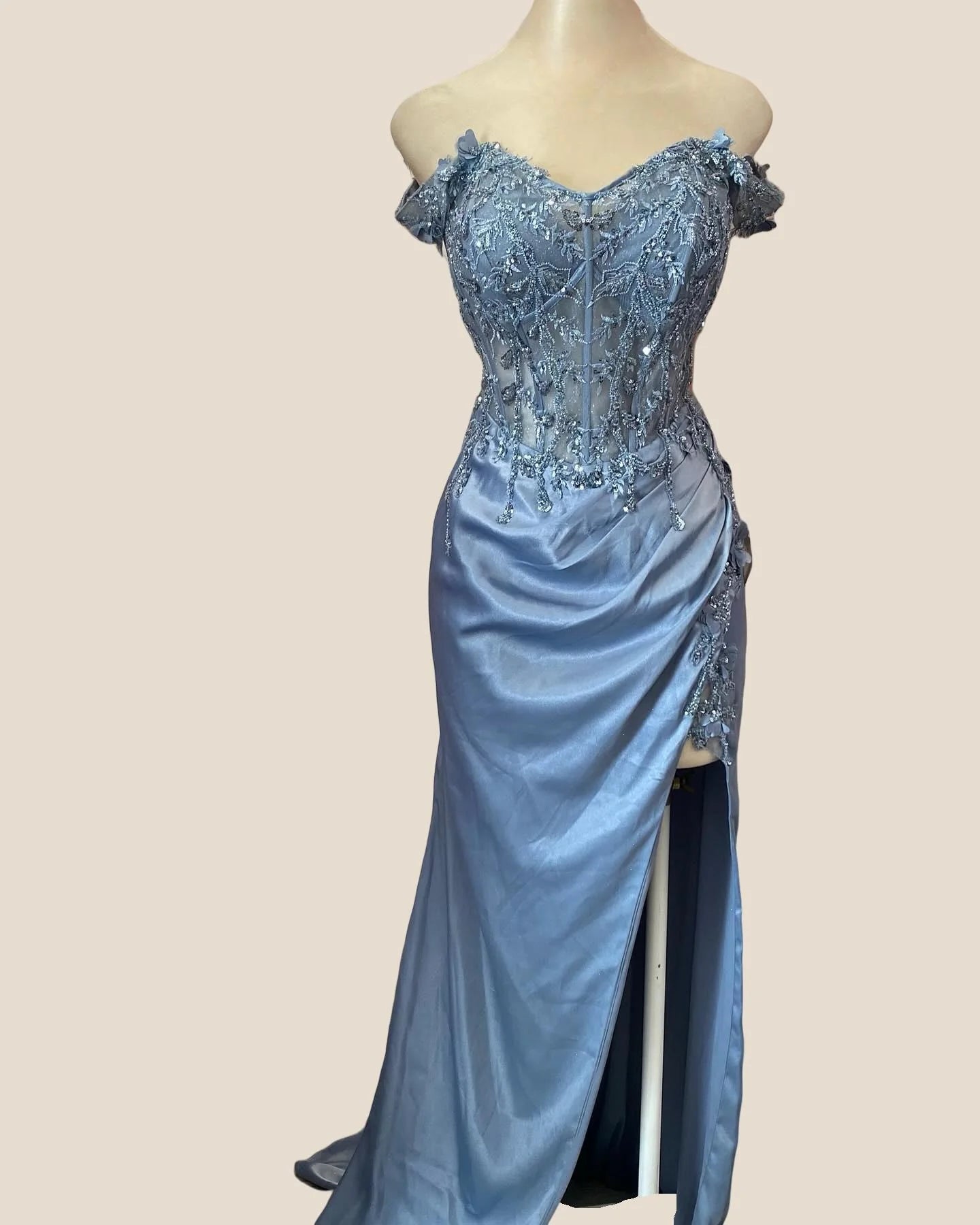 Lace Off the Shoulder Royal Blue Satin Mermaid Dress