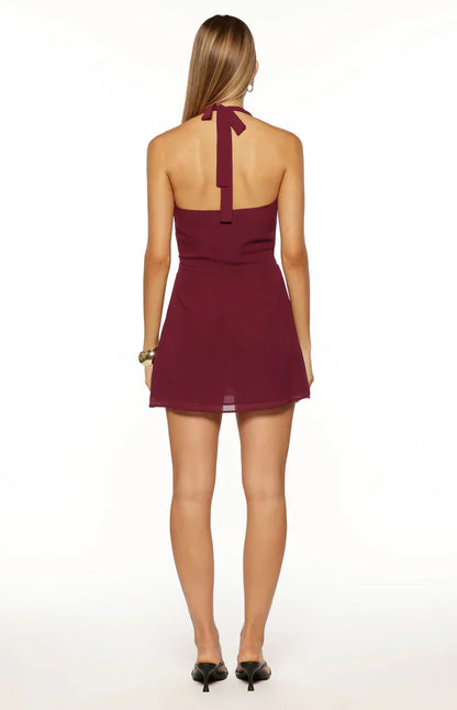 Jazmene Burgundy Halter Neck Wrap Mini Dress