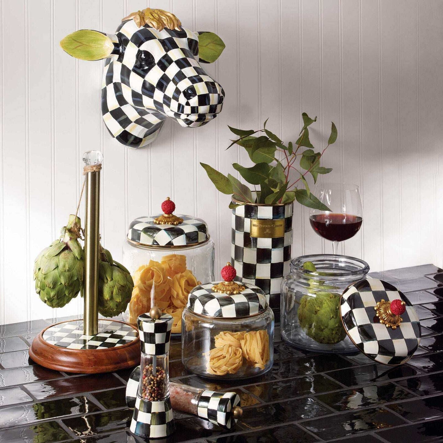 Iconic Black & White Courtly Check Enamel Tea Kettle 1,89L by MacKenzie-Childs