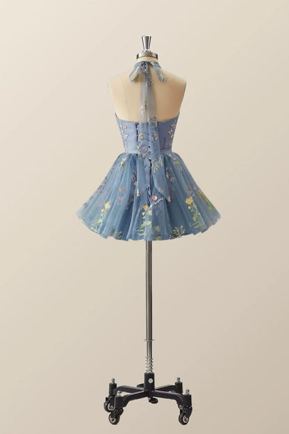High Neck Blue Floral A-line Short Dress